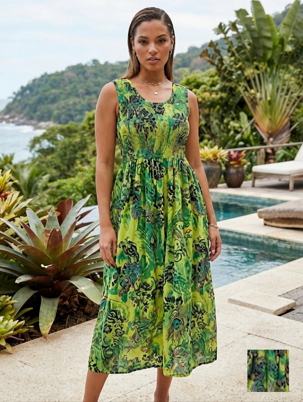 Women's Green Tropical Print Sleeveless Cotton Summer Dress By Hanna Small